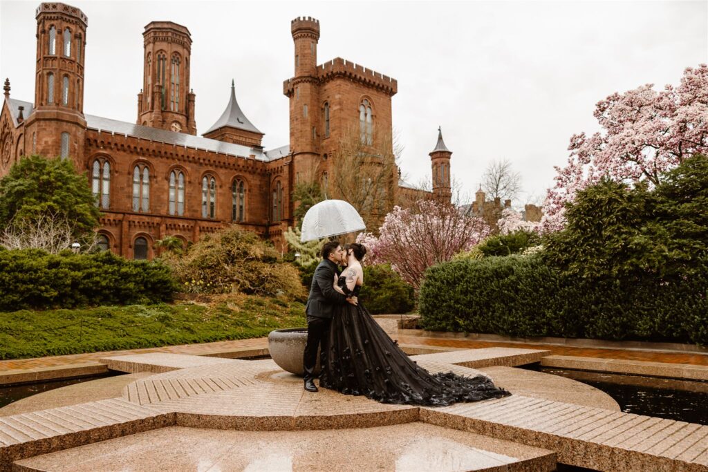 rainy elopement ceremony at the smithsonian castle gardens