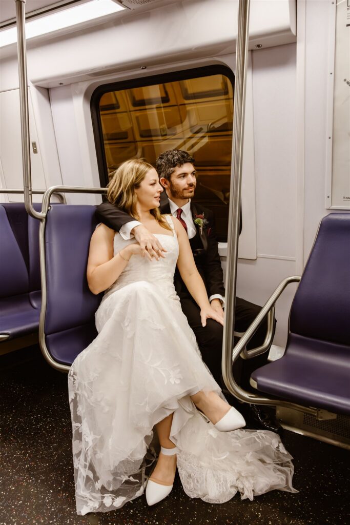 bride and groom inside the metro station