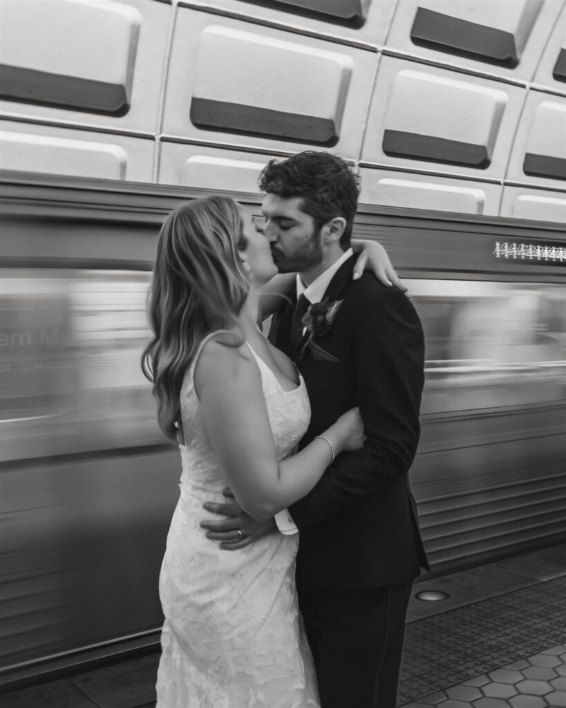bride and groom inside the metro station