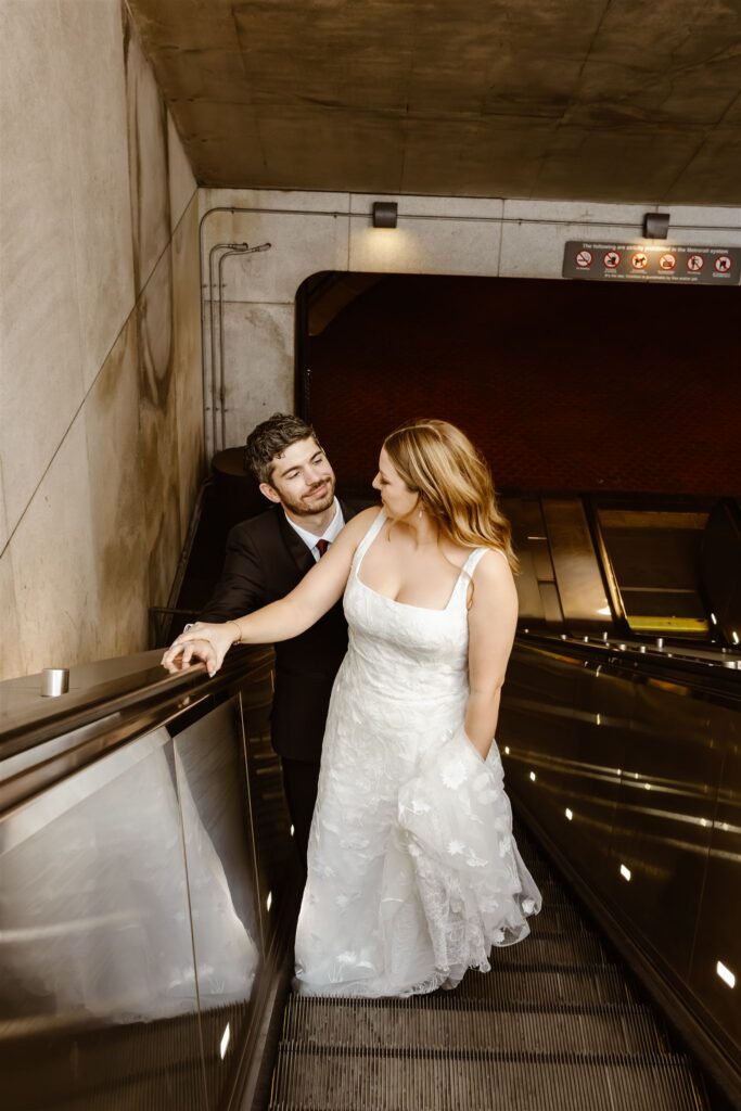 bride and groom inside the metro station