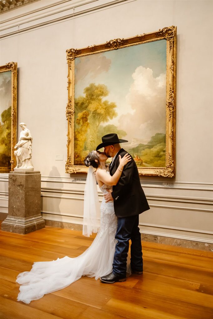 bride and groom exploring the national gallery of art in dc during their two day elopement in the city