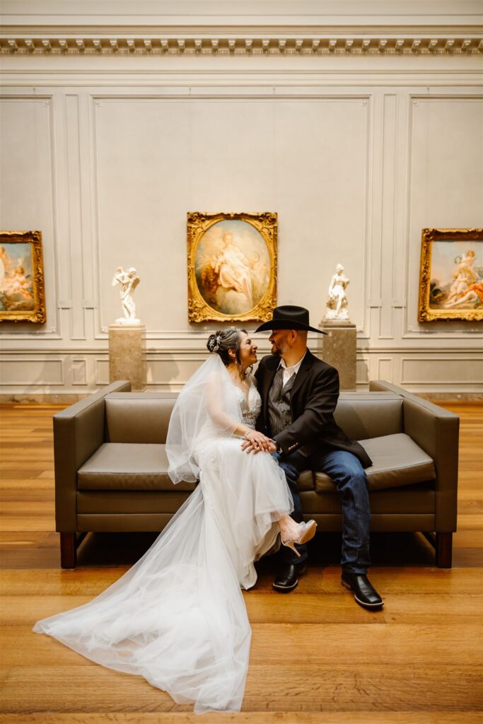 bride and groom exploring the national gallery of art in dc during their two day elopement in the city
