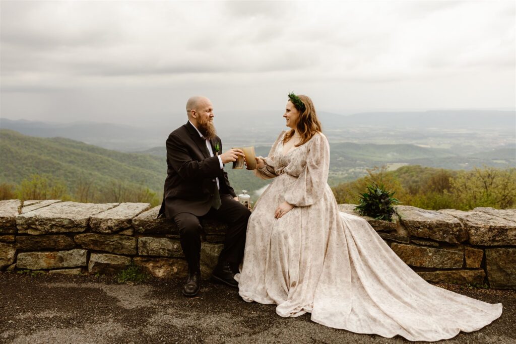 bride and groom drinking meade at shenandoah national park