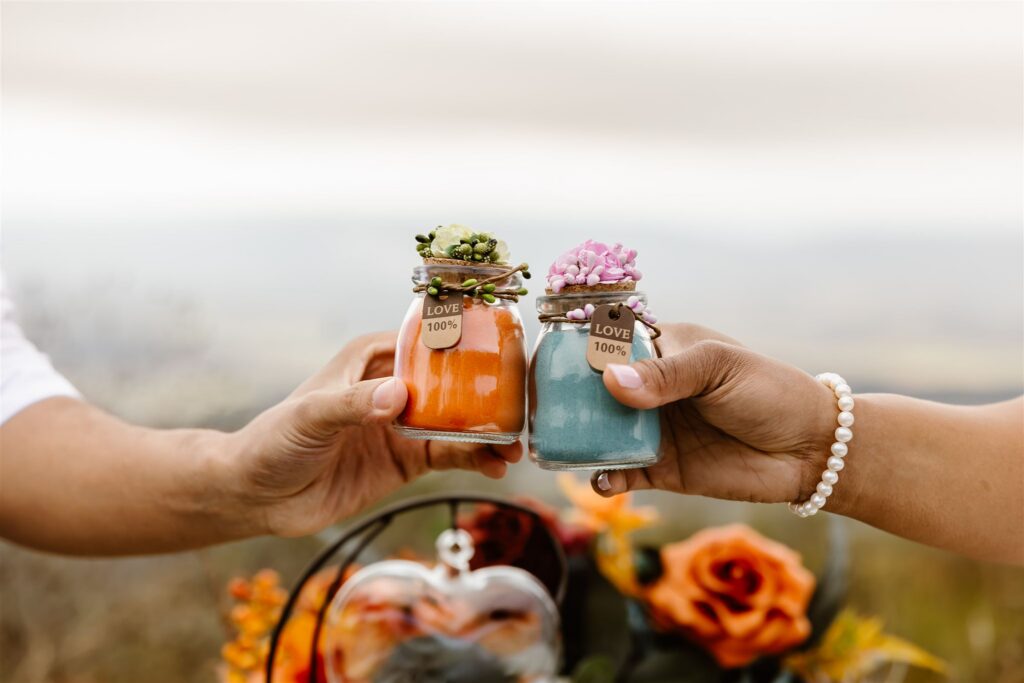 colorful sand unity ceremony during a two day elopement in shenandoah national park