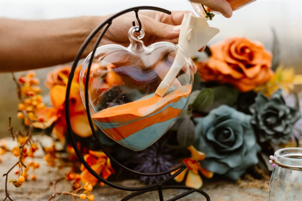 colorful sand unity ceremony during a two day elopement in shenandoah national park