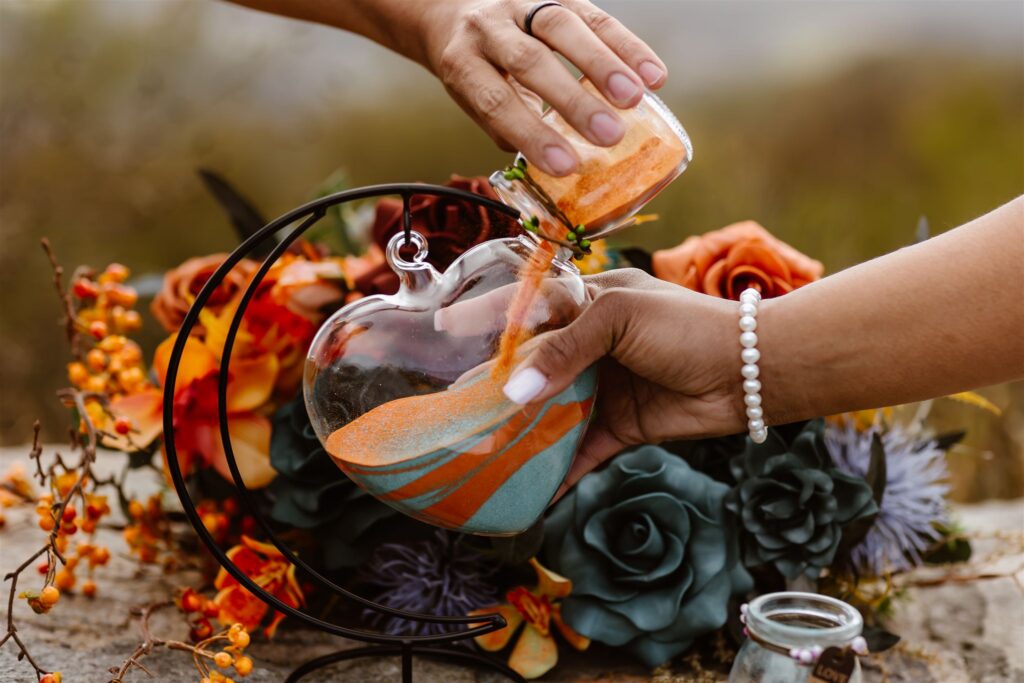 bride and groom sand unity ceremony in shenandoah national park