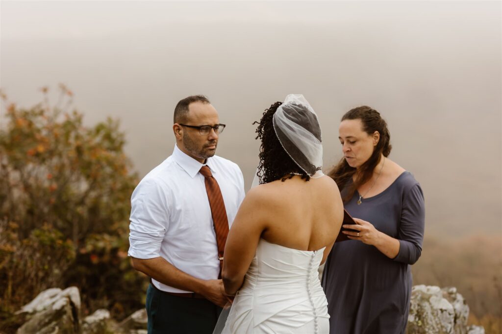 moody, foggy mountain elopement ceremony in shenandoah national park
