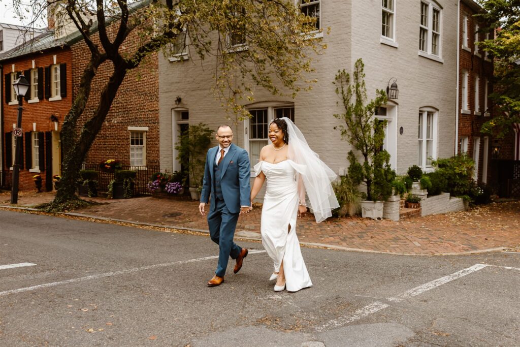 bride and groom exploring old town alexandria during their two day elopement