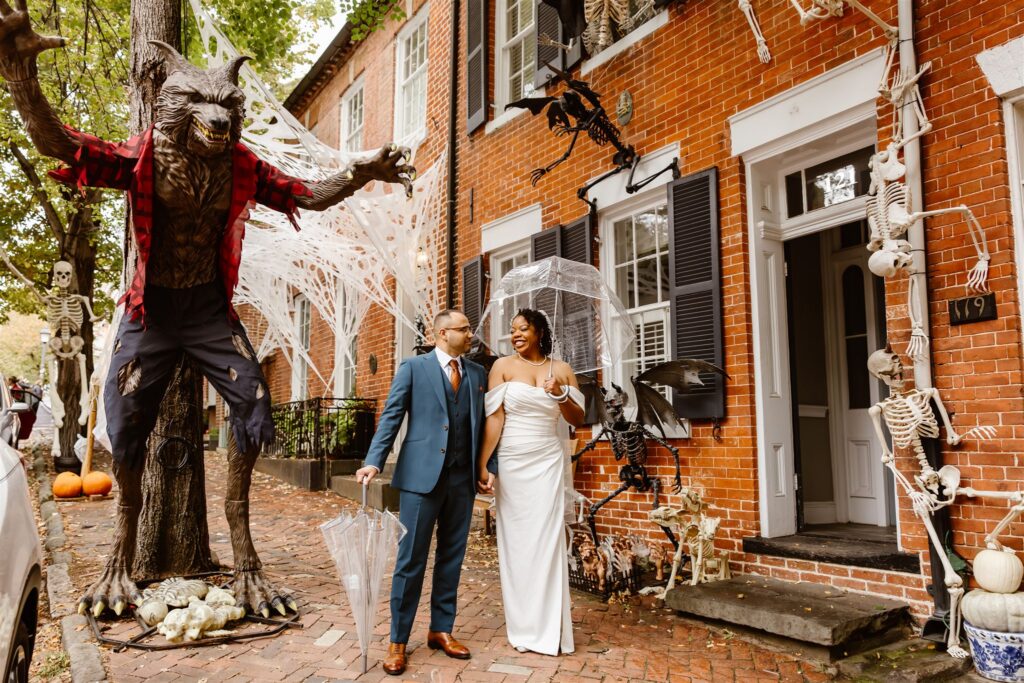 bride and groom exploring old town alexandria during their two day elopement