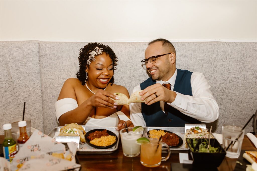 bride and groom enjoying tacos and margaritas