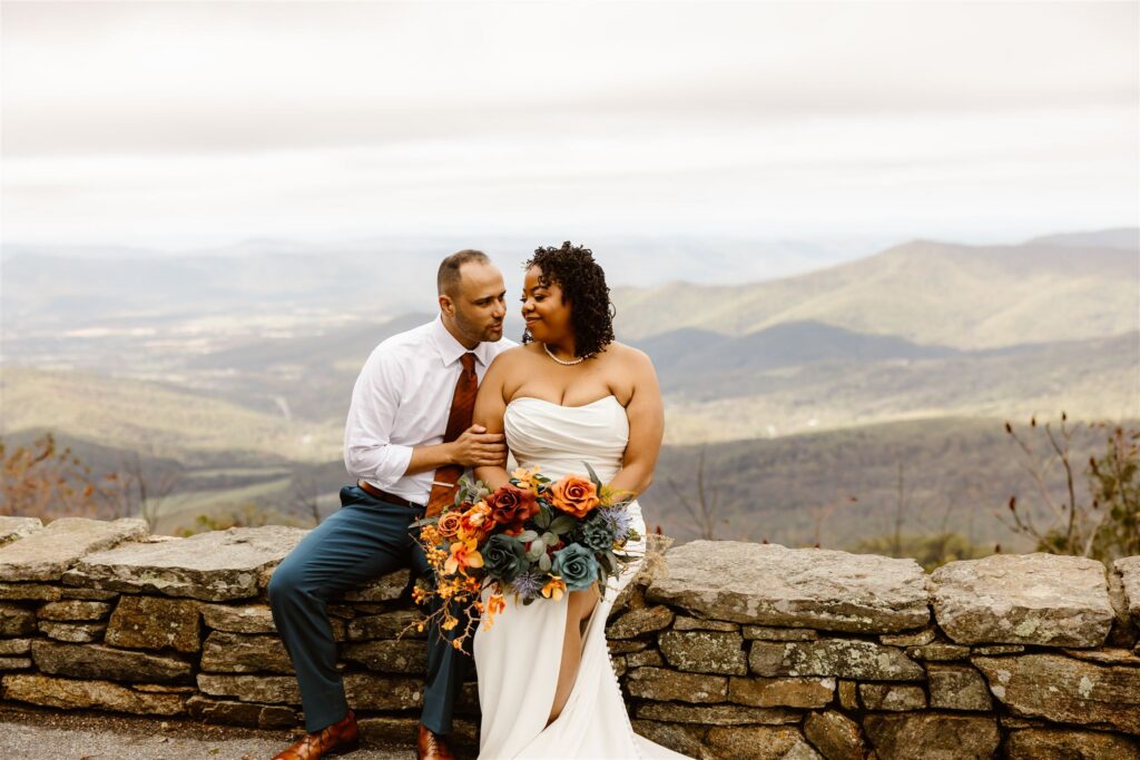 elopement couple enjoying the mountains in shenandoah national park during their two day elopement adventure