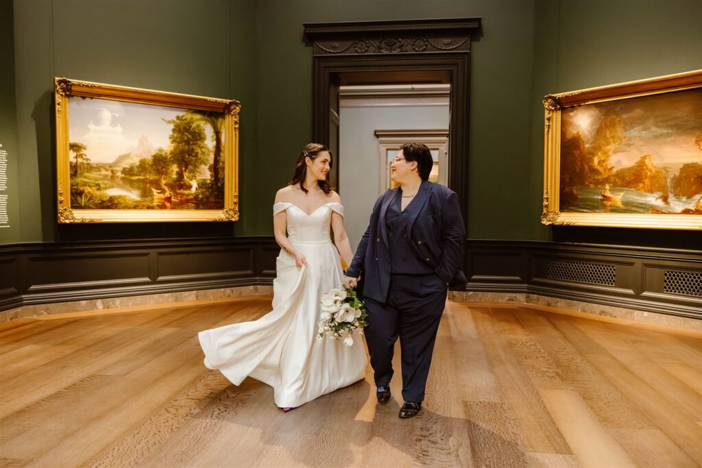 elopement couple in the national gallery of art during their elopement