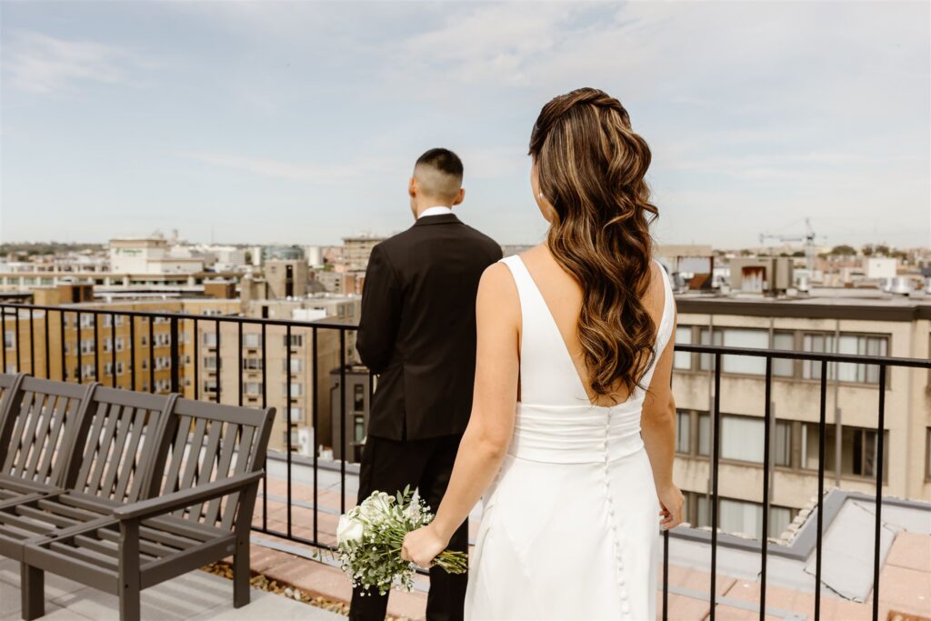 bride and groom elopement first look on a rooftop in washington dc