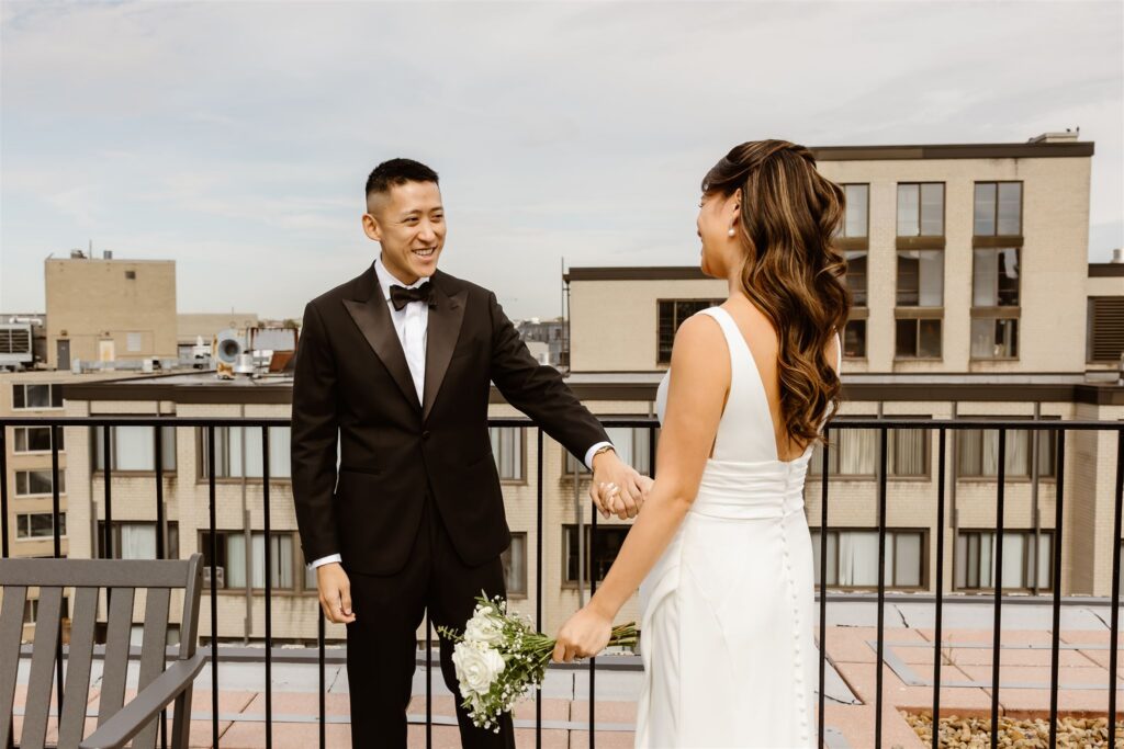 bride and groom elopement first look on a rooftop in washington dc