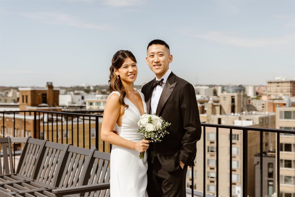 bride and groom elopement first look on a rooftop in washington dc