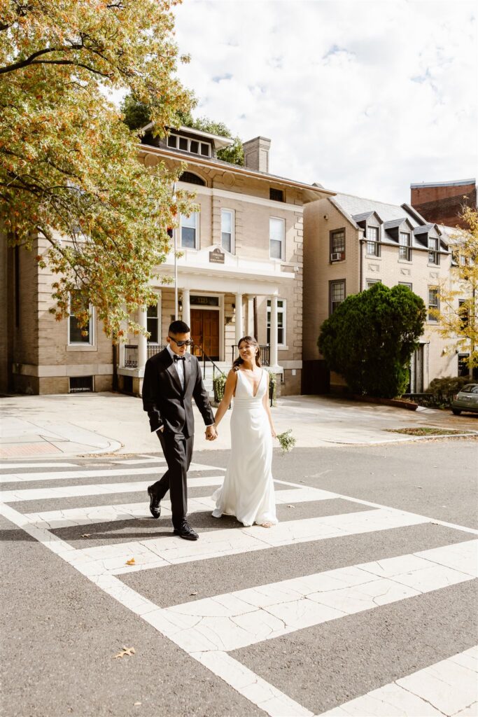 bride and groom wandering the colorful streets of georgetown, dc