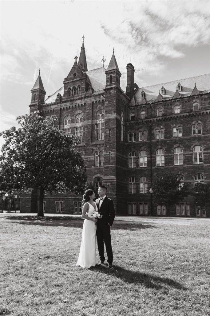 elegant elopement couple in front of georgetown university