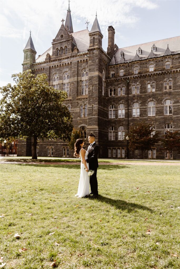 elegant elopement couple in front of georgetown university