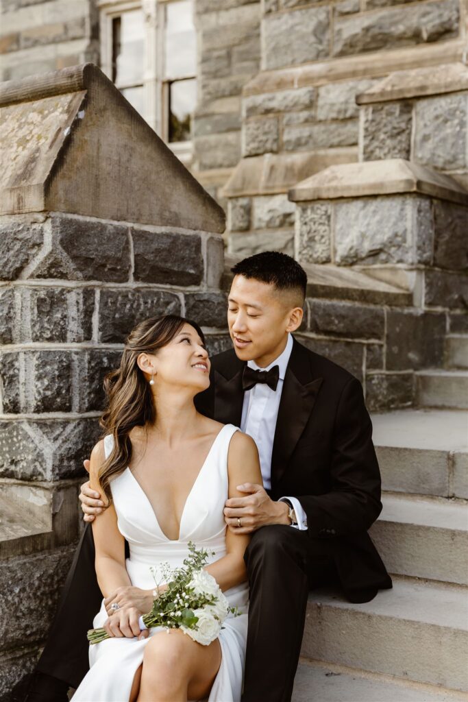 elegant elopement couple in front of georgetown university