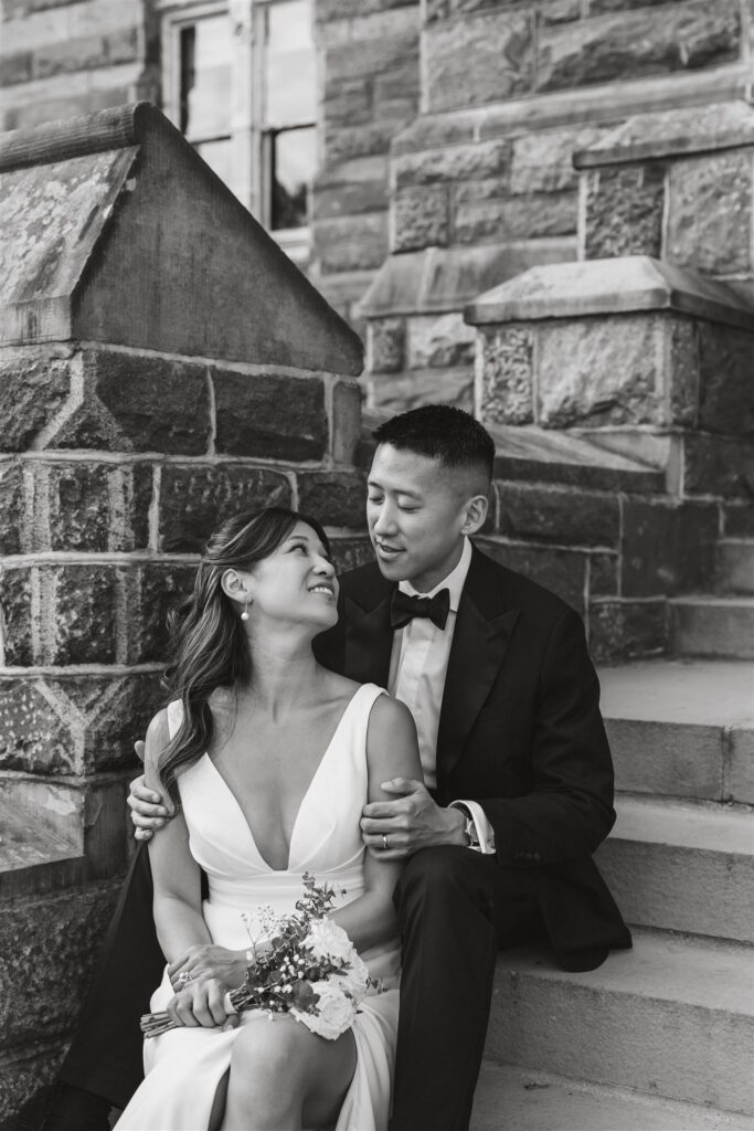 elegant elopement couple in front of georgetown university