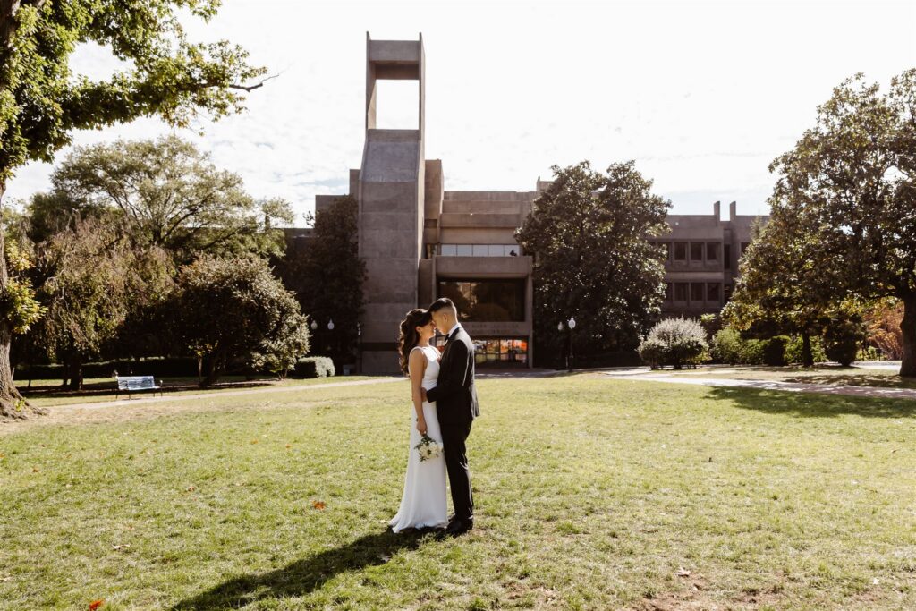 elegant elopement couple in front of georgetown university campus