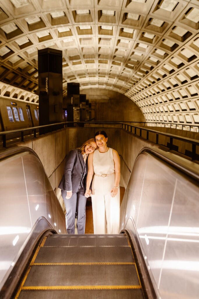 playful queer couple in the dc metro station during their elopement