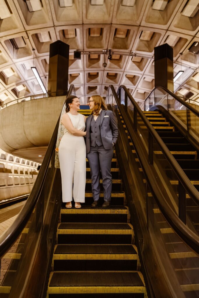 playful queer couple in the dc metro station during their elopement