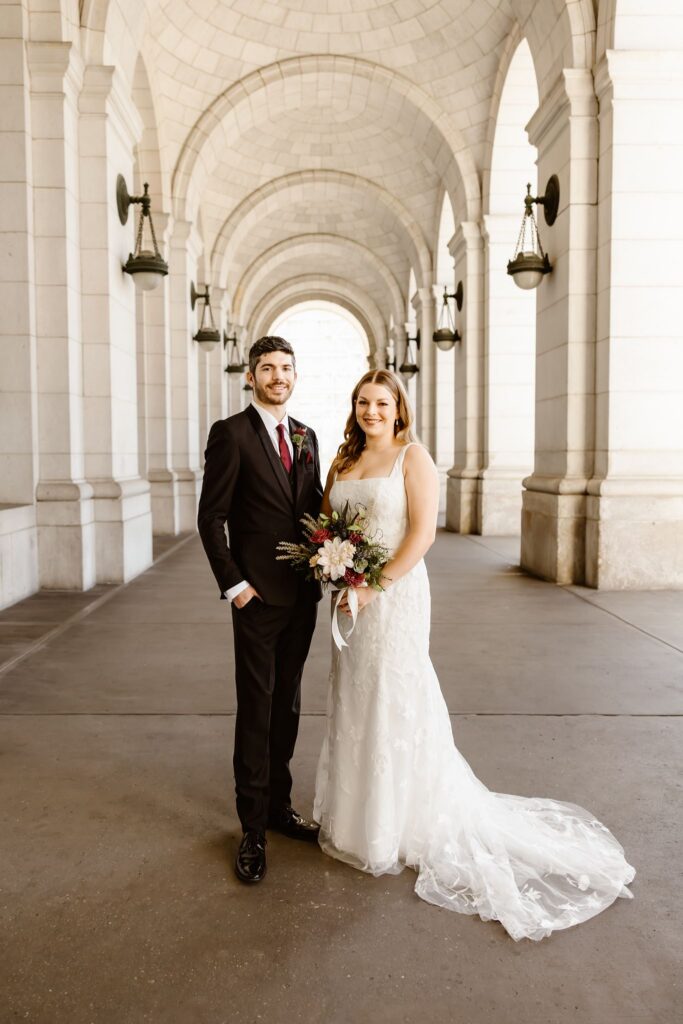 playful elopement couple at the union station in washington dc