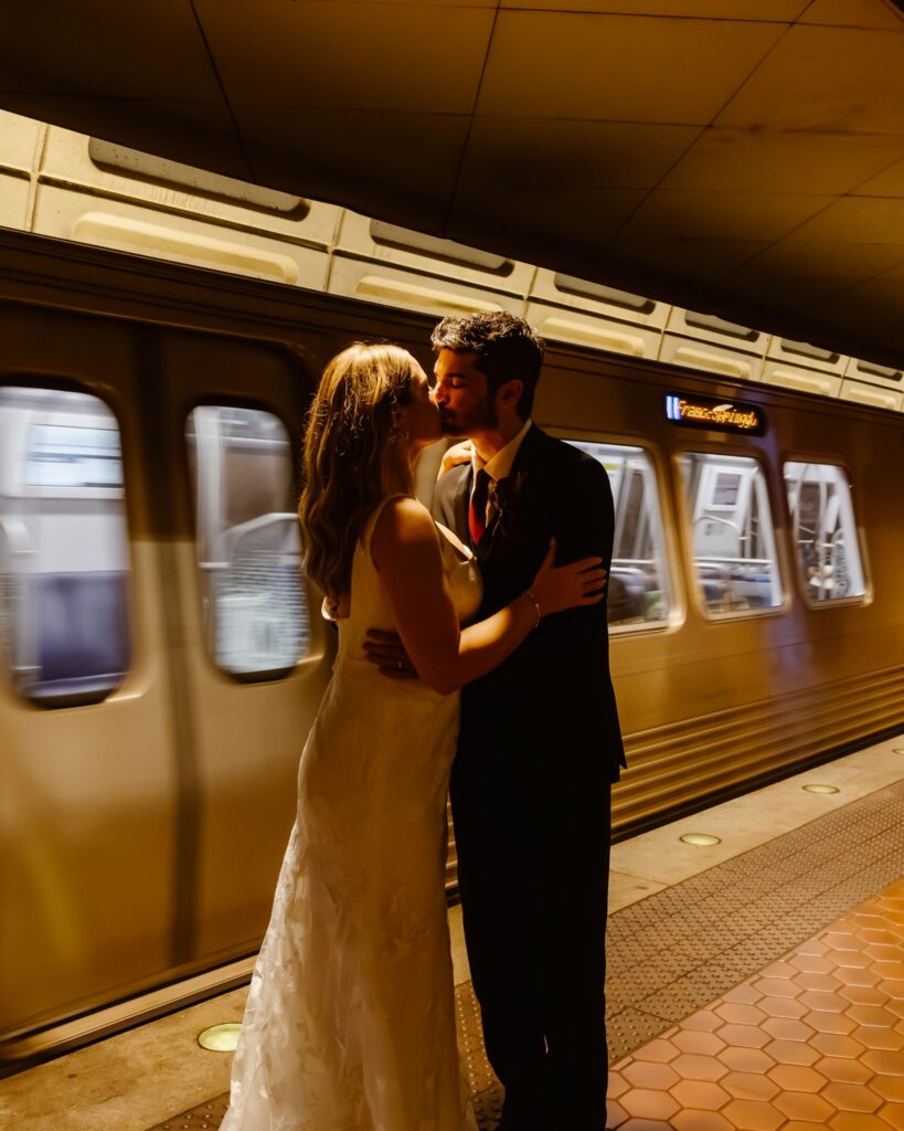 elopement couple at the metro station in washington dc
