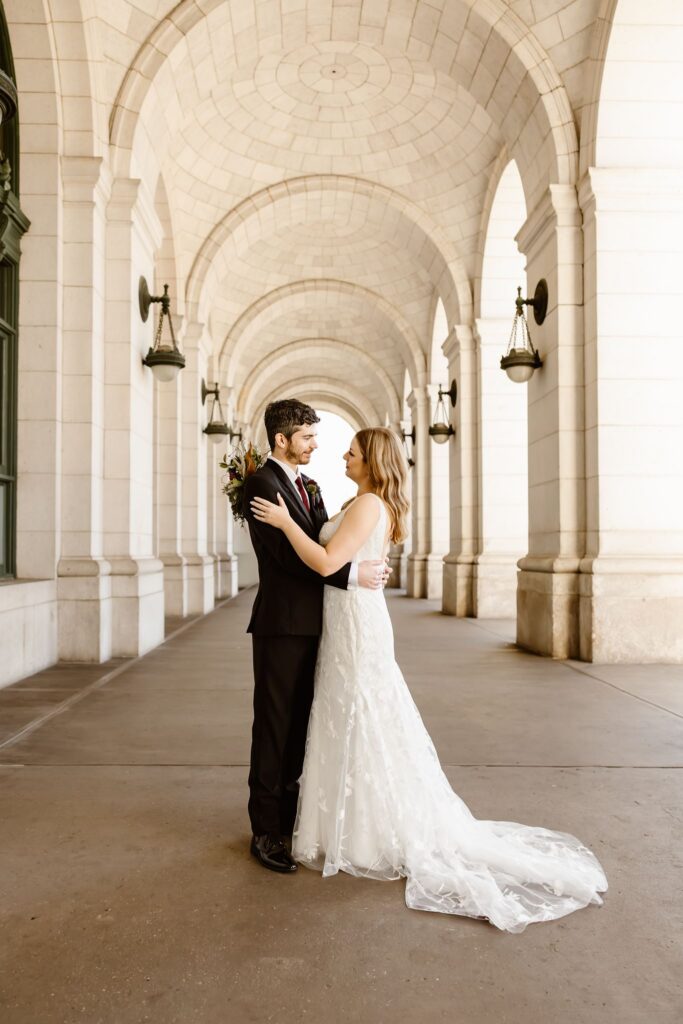playful elopement couple at the union station in washington dc