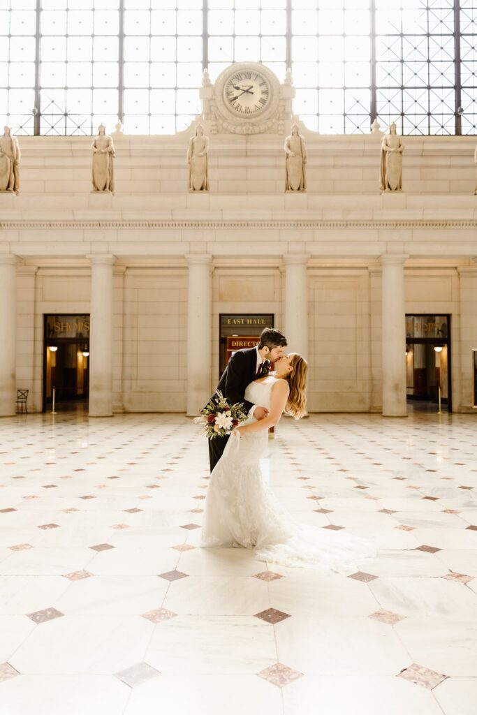 playful elopement couple at the union station in washington dc