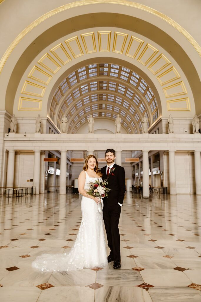 playful elopement couple at the union station in washington dc