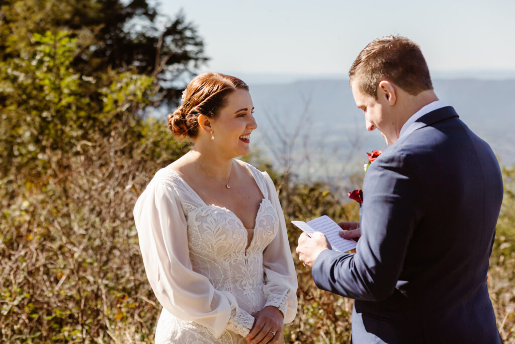 elopement couple exchanging private vows at a mountain overlook in shenandoah national park