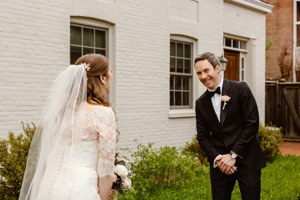 elopement couple first look outside their house